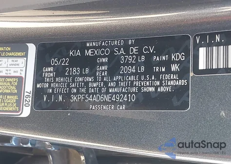 2022 Kia Forte Gt-Line из США, поврежденный, VIN 3KPF54AD6NE492410